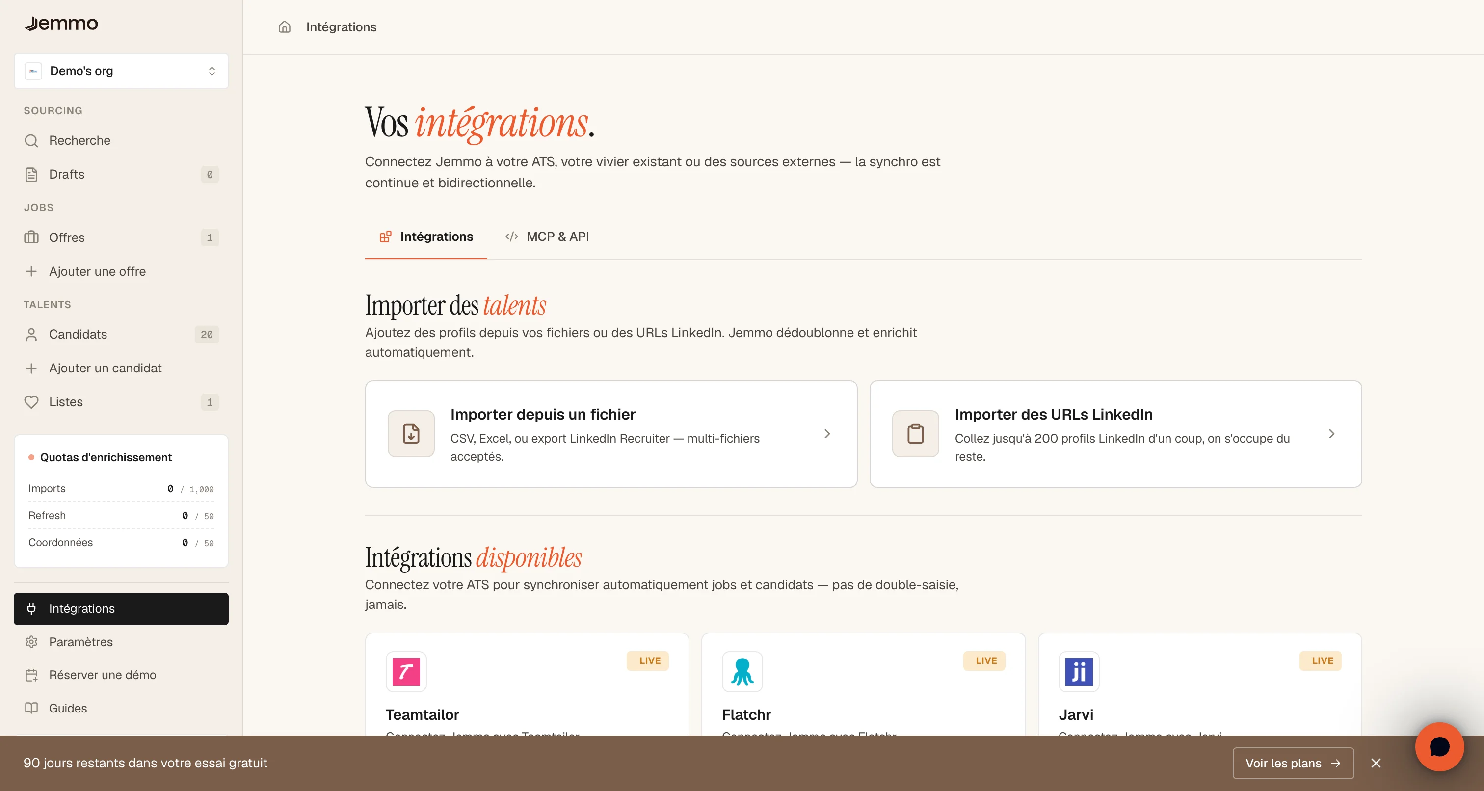 Page des intégrations