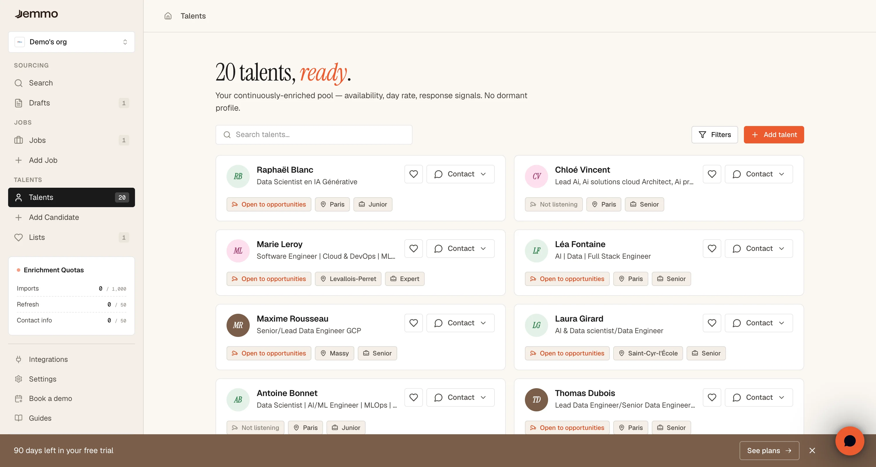 Talents page