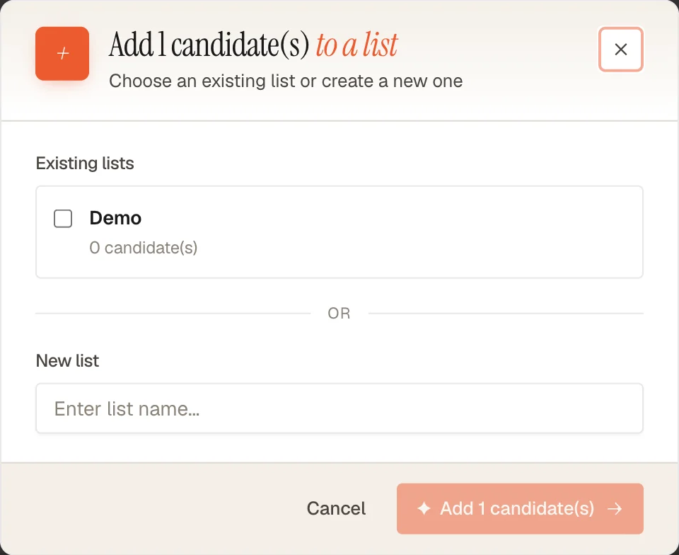 Add to list modal showing existing lists and new list option