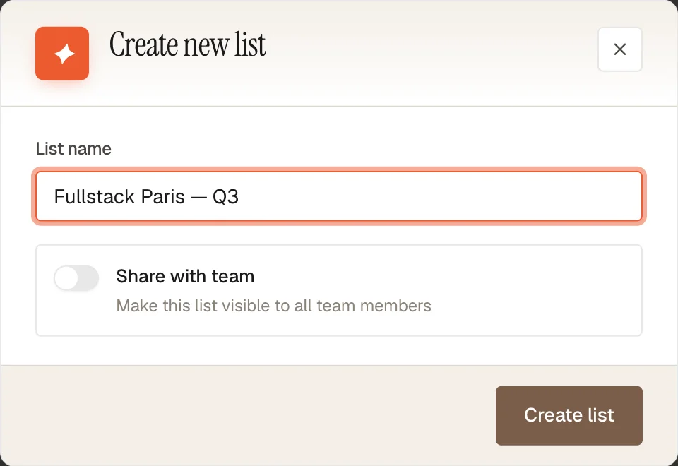 Create list modal showing name input and share toggle