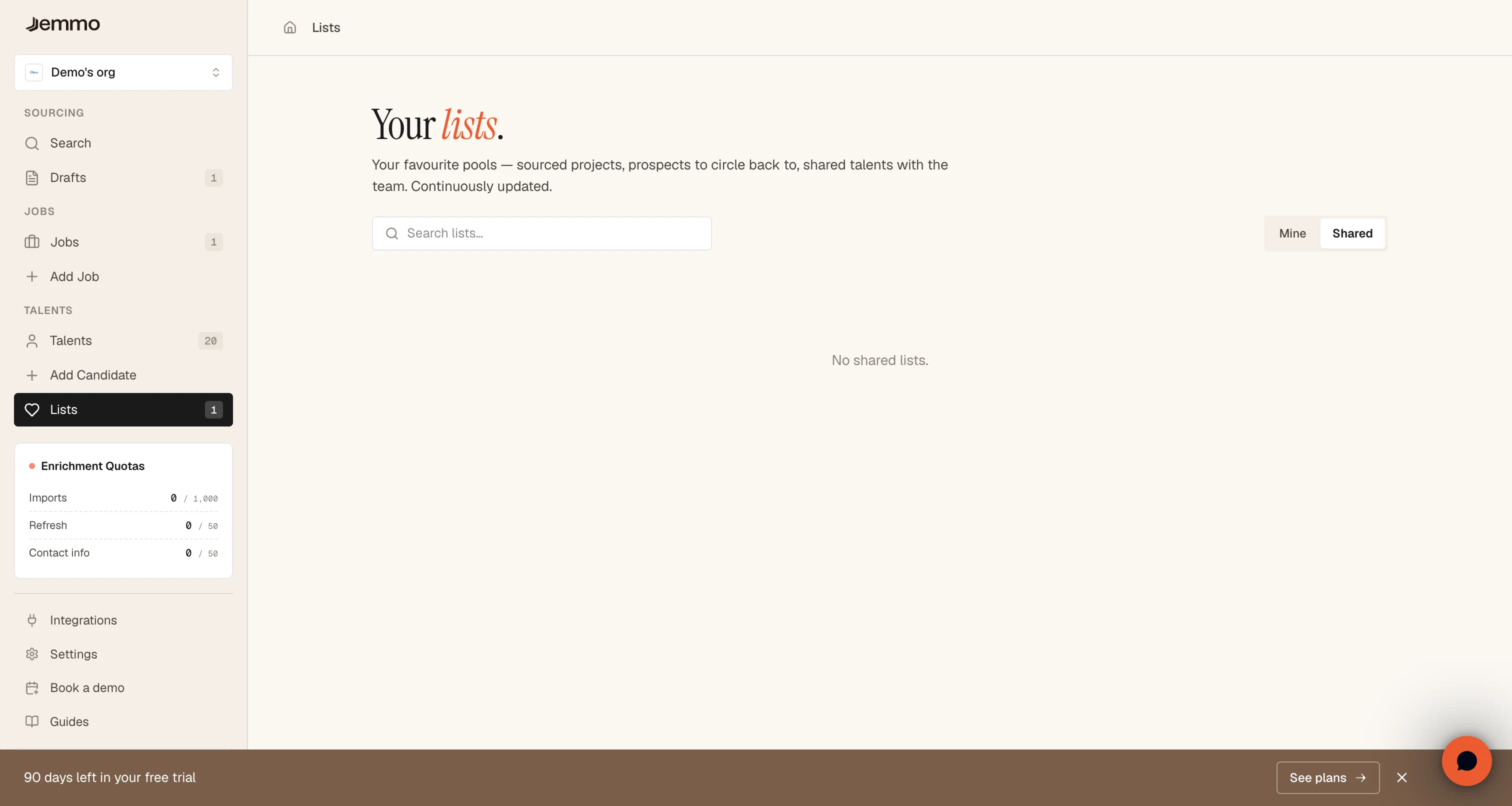 Shared tab showing lists from team members