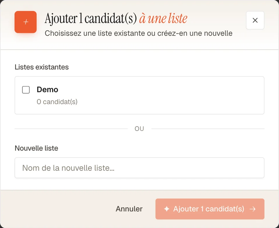 Modale d'ajout à une liste montrant les listes existantes et l'option nouvelle liste