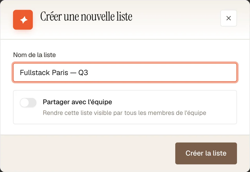 Modale de création de liste montrant le champ nom et le bascule de partage