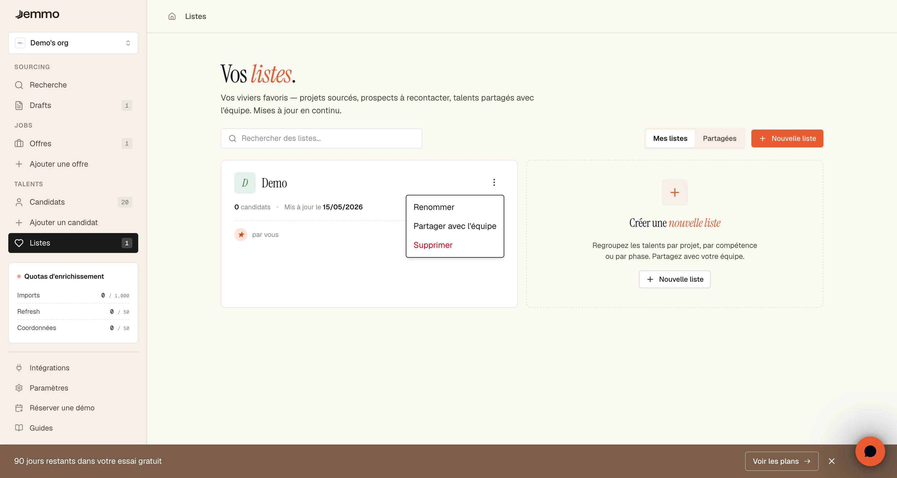 Menu déroulant des actions montrant renommer, partager et supprimer