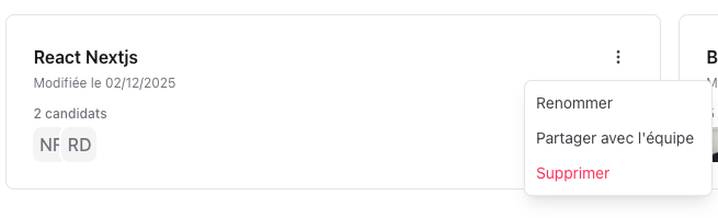 List actions dropdown showing rename, share, and delete options