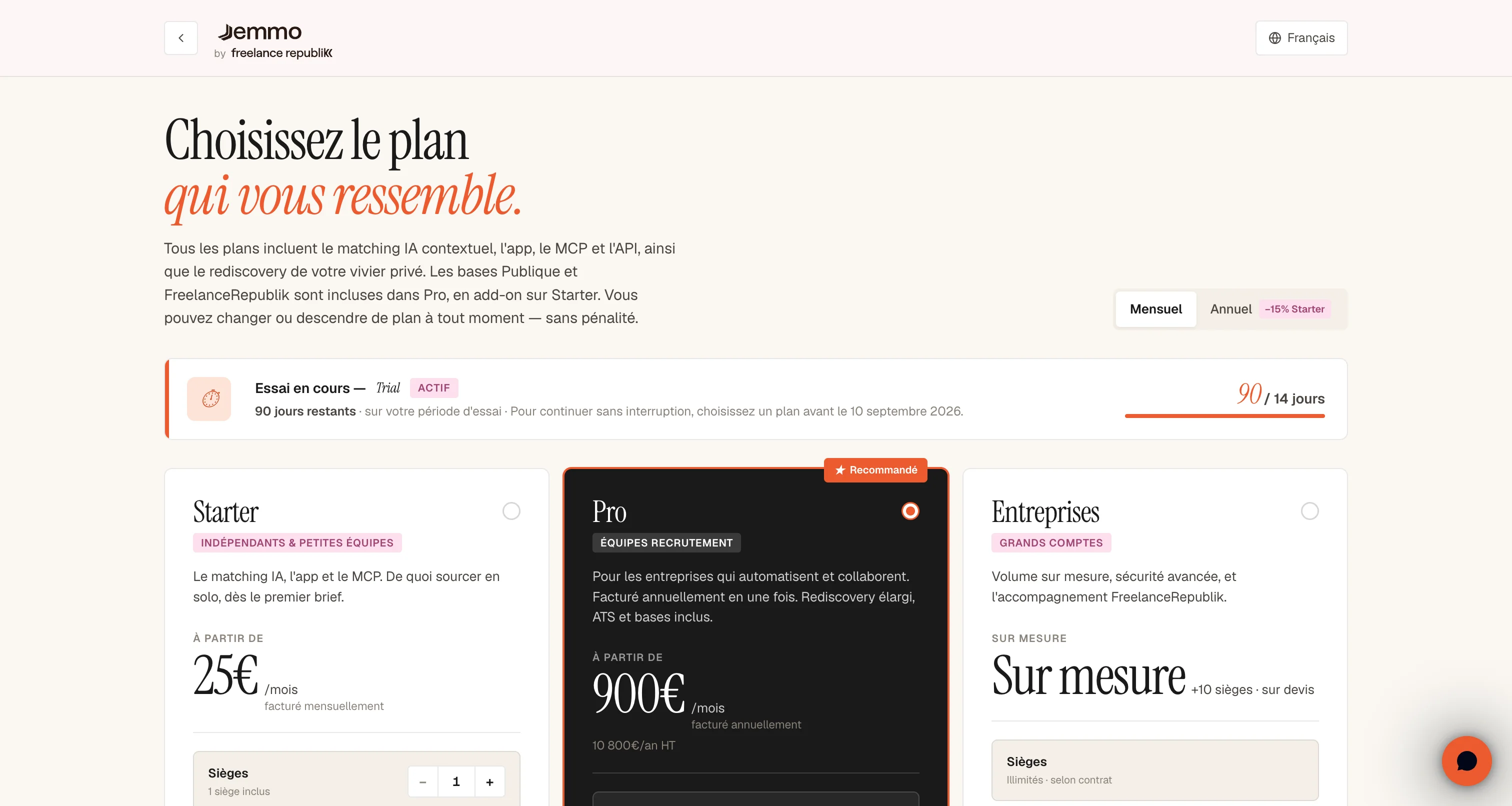 Sélection du plan lors de l'onboarding